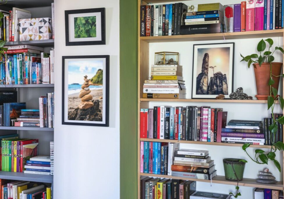 Bookshelves with framed art and plants